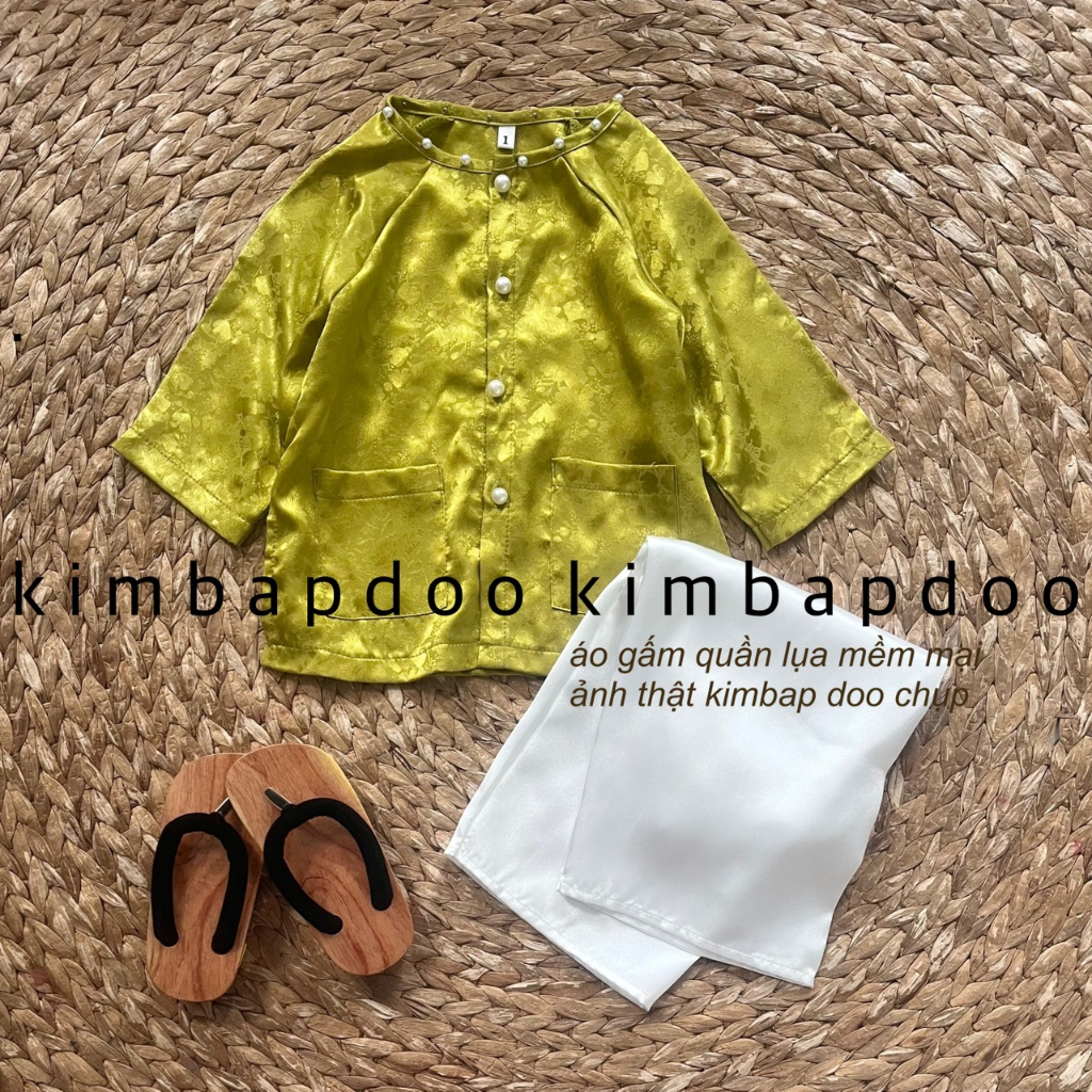 Bộ bà ba tay dài cho bé gái áo gấm quần lụa satin xinh xắn