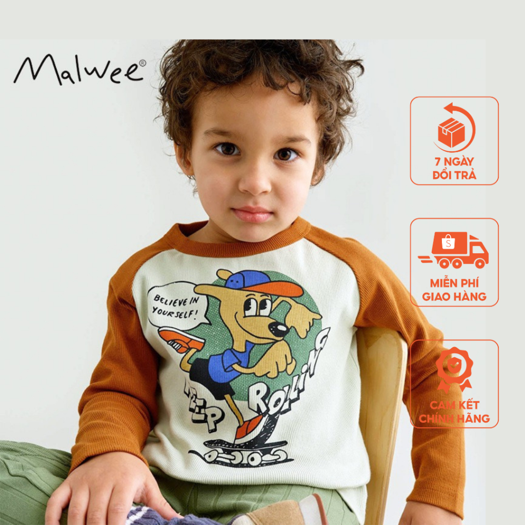 Áo cotton tay nâu cún chạy Malwee thời trang trẻ em từ 2-7 tuổi MW8547