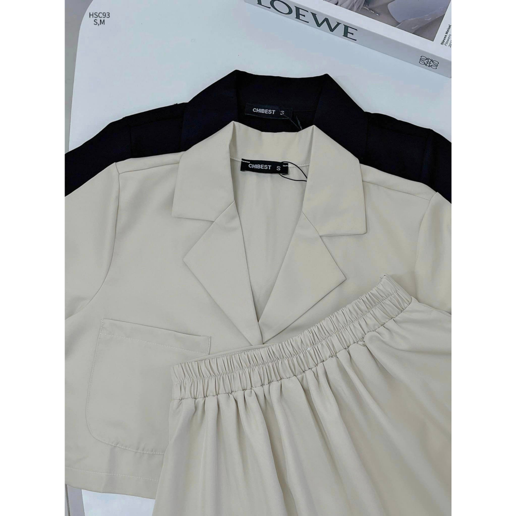 Set chân váy dài lưng chun áo crop cổ vest phong cách đơn giản tiểu thư CHIBEST HSC93