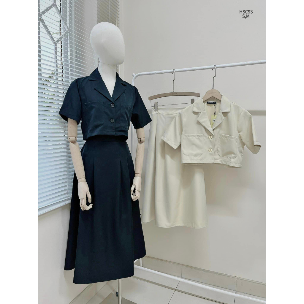 Set chân váy dài lưng chun áo crop cổ vest phong cách đơn giản tiểu thư CHIBEST HSC93