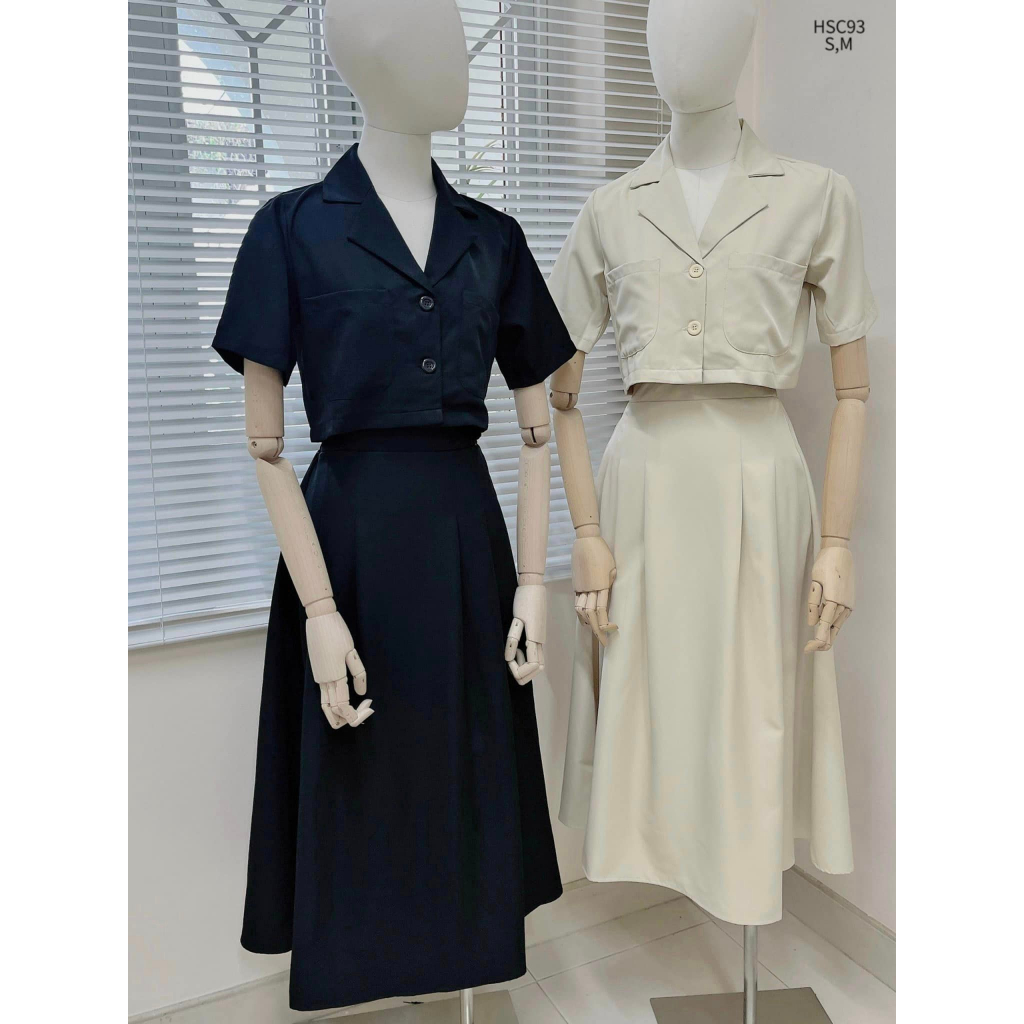 Set chân váy dài lưng chun áo crop cổ vest phong cách đơn giản tiểu thư CHIBEST HSC93