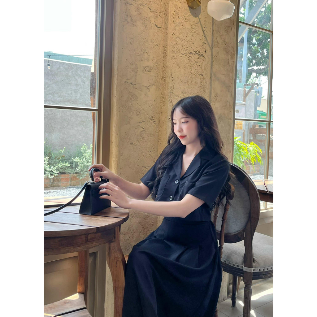 Set chân váy dài lưng chun áo crop cổ vest phong cách đơn giản tiểu thư CHIBEST HSC93