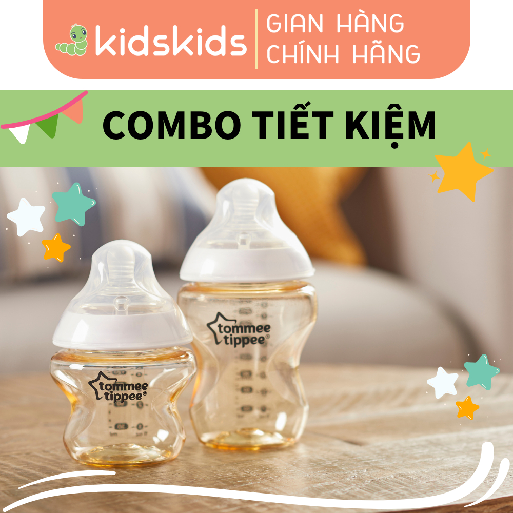 COMBO Bình sữa PPSU ty siêu mềm tự nhiên Tommee Tippee Closer to Nature 150ml & 260ml kèm Núm ty 0-3 tháng và 3-6 tháng