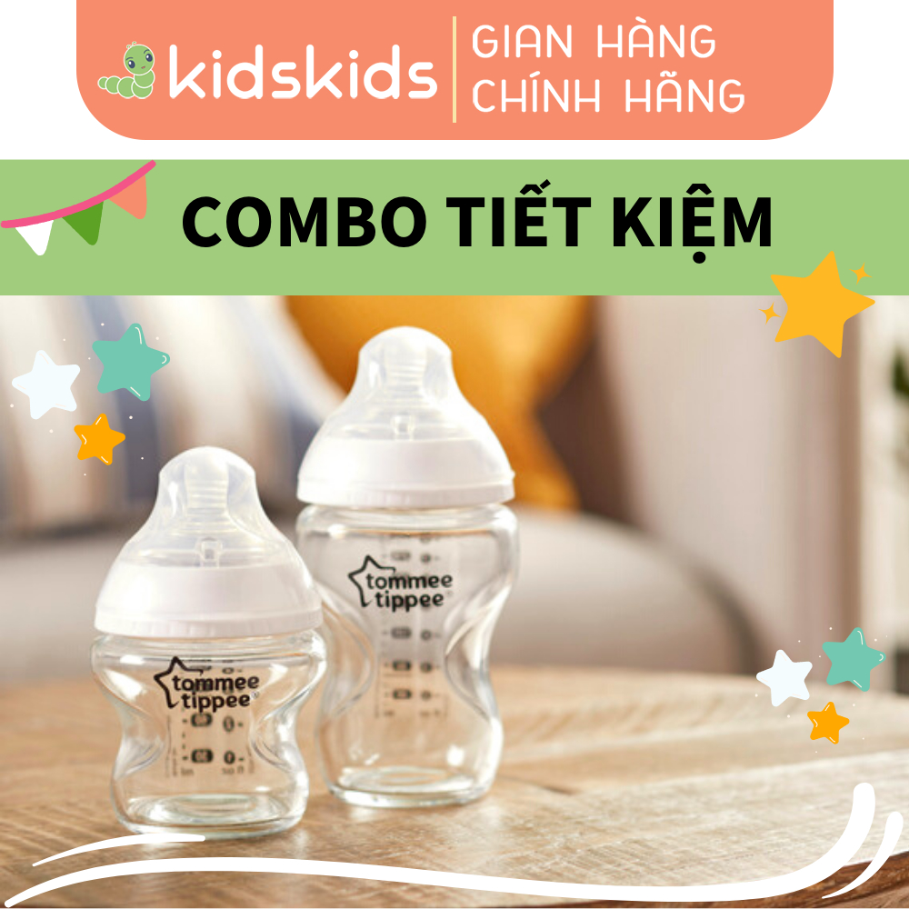 COMBO Bình sữa thủy tinh ty siêu mềm tự nhiên Tommee Tippee Closer to Nature 150ml & 250ml kèm Núm ty