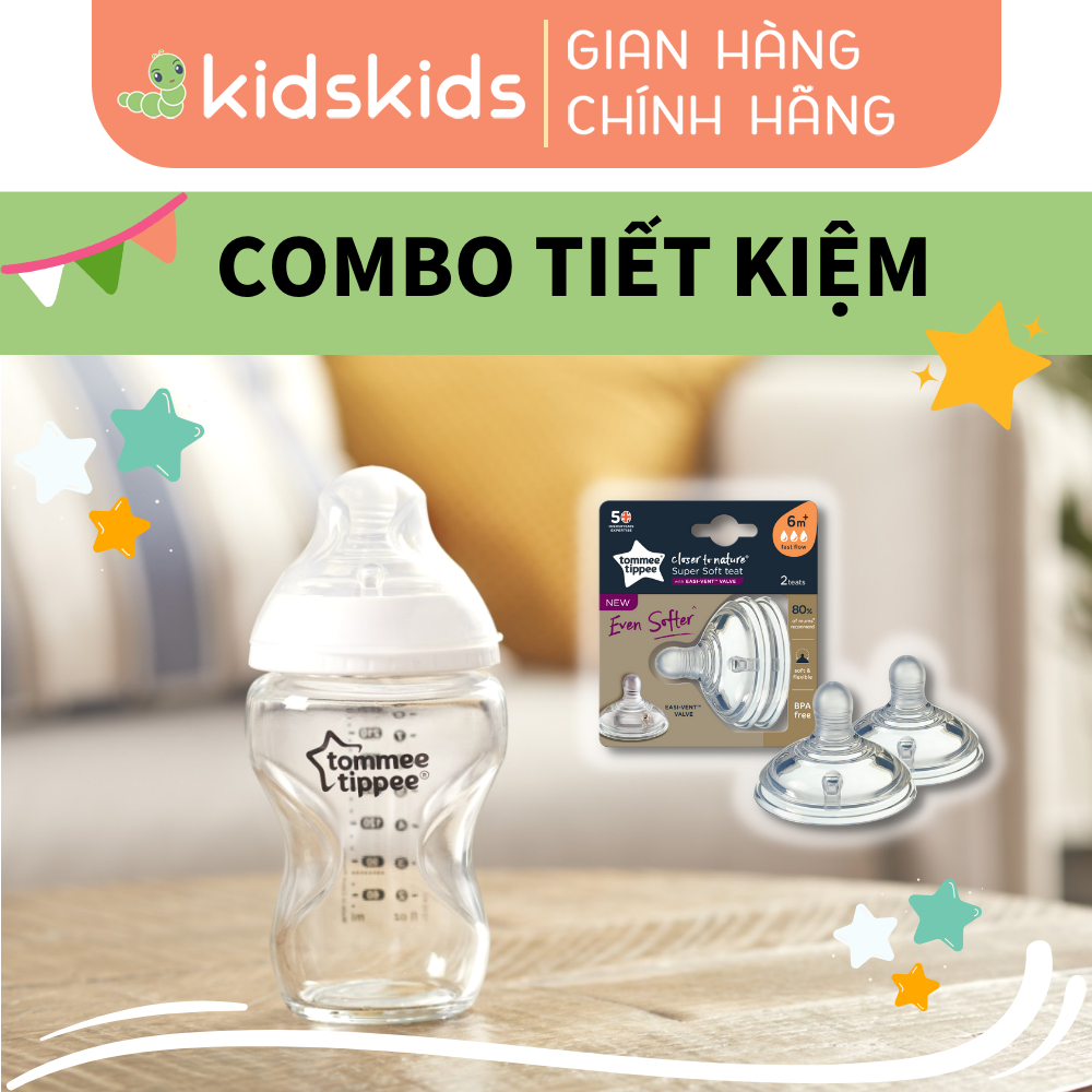 COMBO Bình sữa thủy tinh ty siêu mềm tự nhiên Tommee Tippee Closer to Nature 250ml & Núm ty silicon siêu mềm