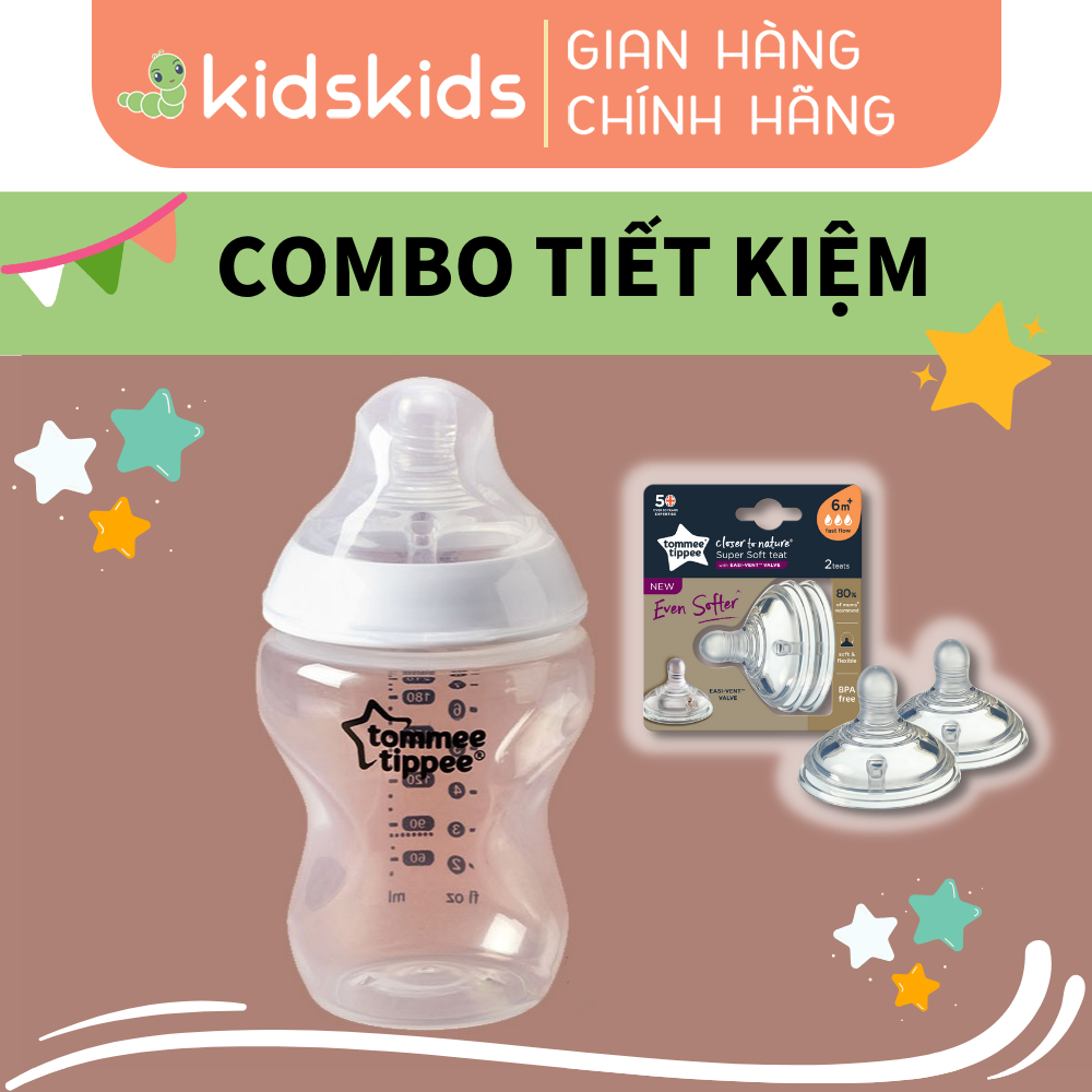 COMBO Bình sữa ty siêu mềm tự nhiên Tommee Tippee Closer to Nature 260ml & Núm ty silicon siêu mềm Fast Flow 6M+