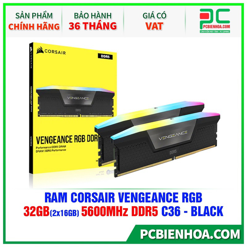 Ram Máy Tính CORSAIR VENGEANCE RGB 32GB (2X16GB) 5600MHZ DDR5 C36 - Hàng chính hãng 36T