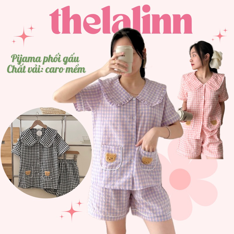 Set pijama caro thô mềm cổ sen bèo phối gấu xinh xắn. Bộ ngủ nữ caro mềm cổ sen bèo dễ thương