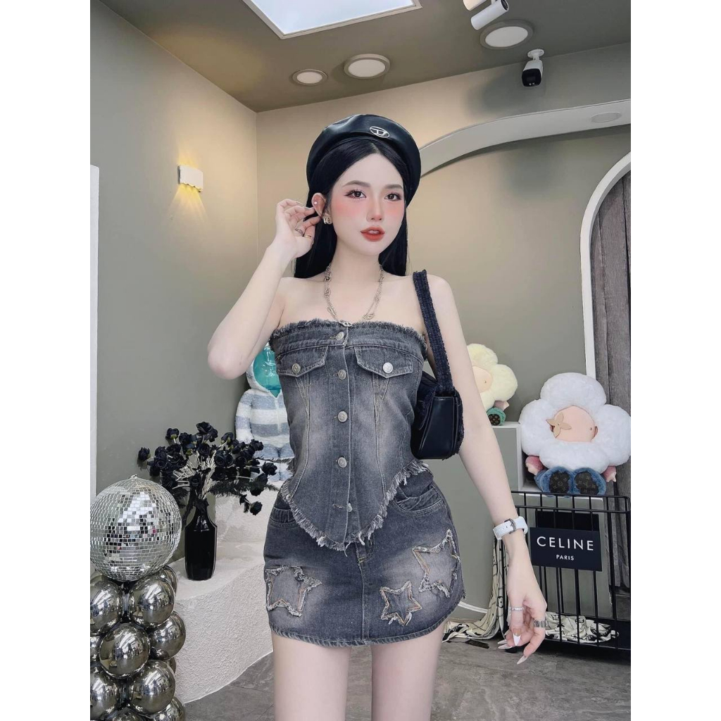 Set jean nữ áo quây + chân váy chữ A chất liệu bò mềm mỏng co giãn nhẹ