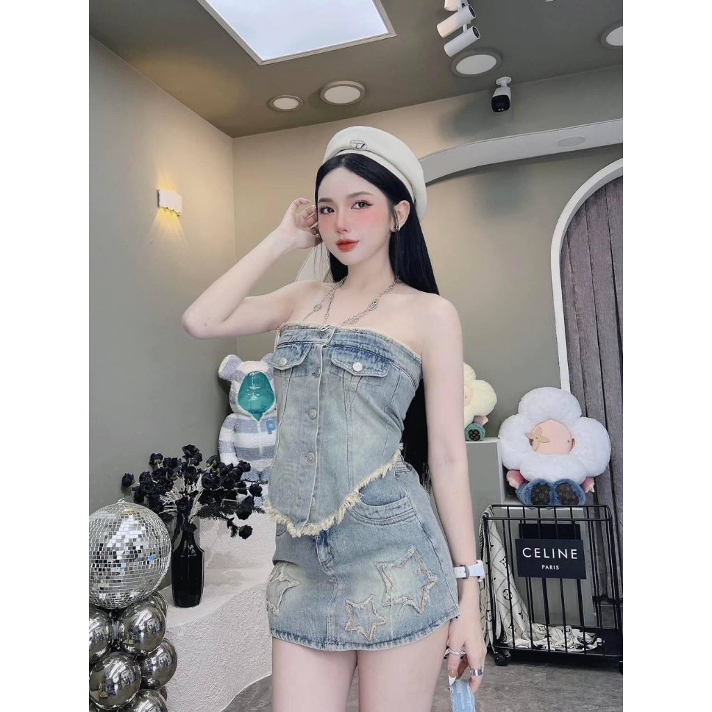 Set jean nữ áo quây + chân váy chữ A chất liệu bò mềm mỏng co giãn nhẹ