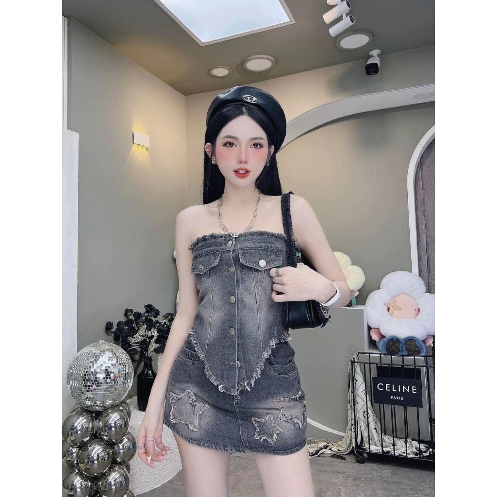 Set jean nữ áo quây + chân váy chữ A chất liệu bò mềm mỏng co giãn nhẹ