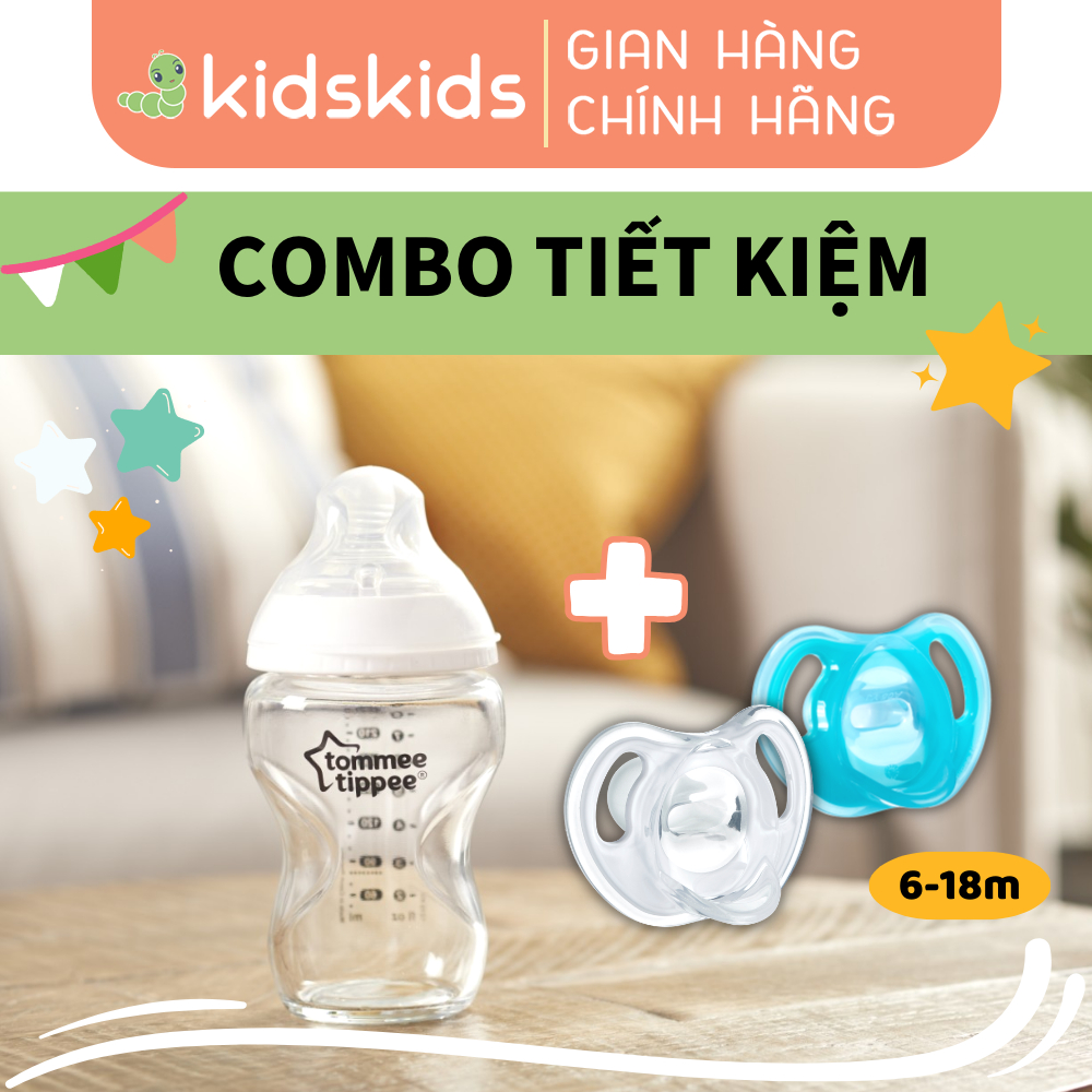 COMBO Ty ngậm silicon siêu nhẹ cho bé Tommee Tippee Ultra Light 6-18 tháng & Bình sữa thuỷ tinh Tommee Tippe