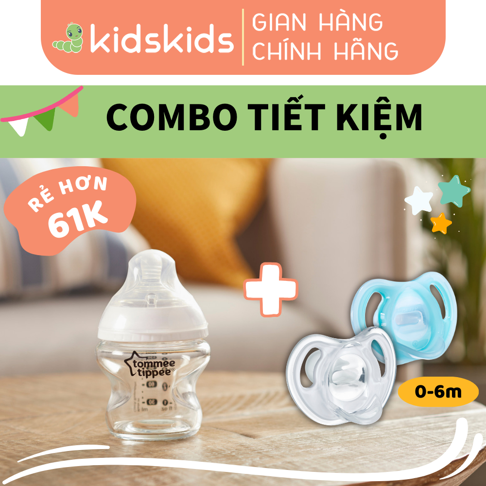 COMBO Bình sữa thủy tinh ty siêu mềm tự nhiên & Ty ngậm silicon siêu nhẹ cho bé Tommee Tippee Ultra Light 0-6 tháng