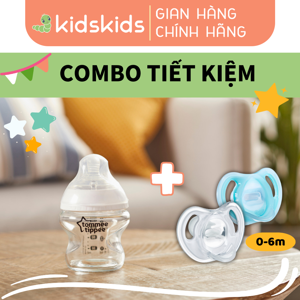 COMBO Bình sữa thủy tinh ty siêu mềm tự nhiên & Ty ngậm silicon siêu nhẹ cho bé Tommee Tippee Ultra Light 0-6 tháng