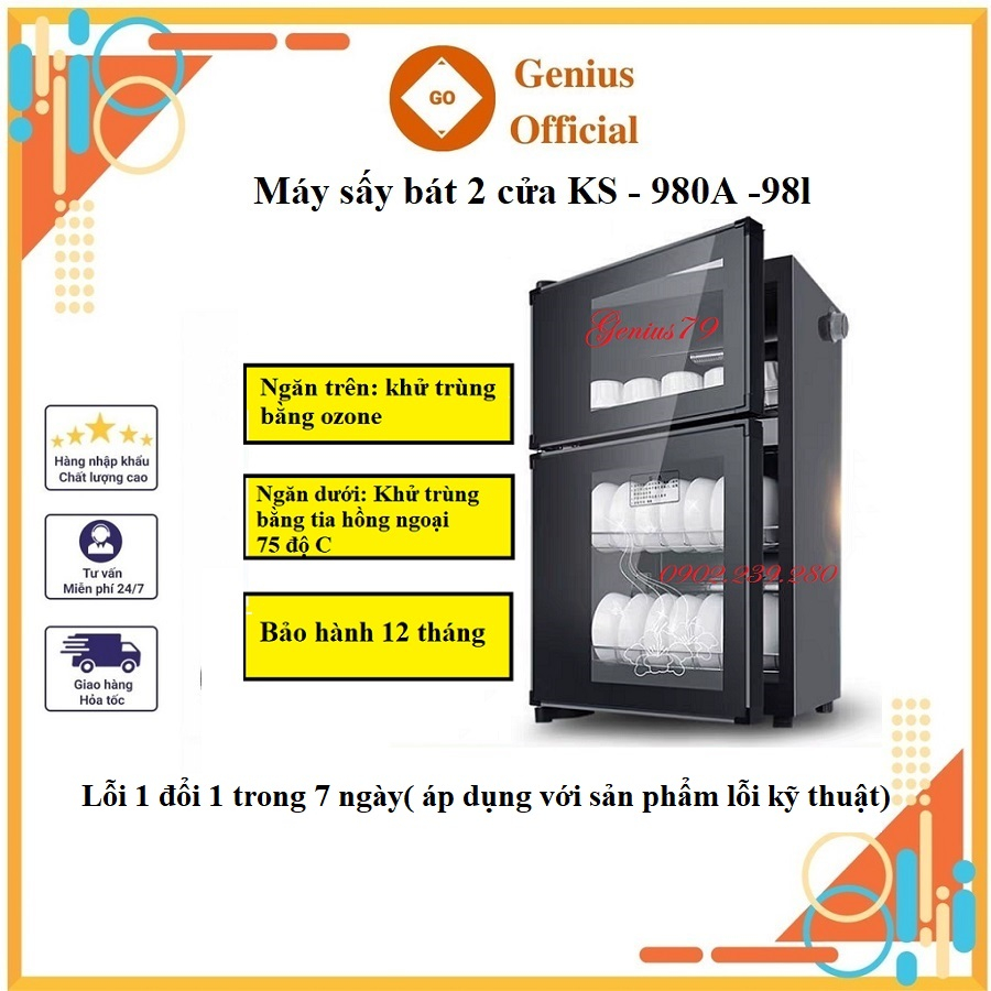 Tủ sấy bát đĩa 2 tầng KS - 980A - 98 lít, khử khuẩn bằng tia hồng ngoại và ozone, Máy sấy bát gia đình - BH 12 tháng