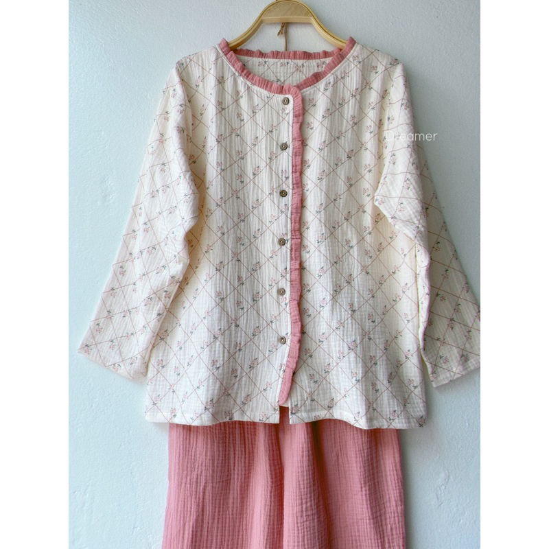 Bộ mặc nhà nữ dài tay thu đông viền bèo muslin mềm mại
