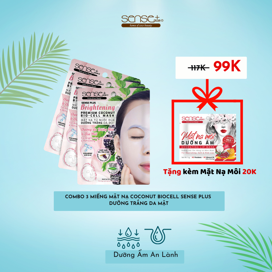 COMBO 3 MIẾNG MẶT NẠ COCONUT BIO CELL SENSE PLUS DƯỠNG TRẮNG DA MẶT + TẶNG 1 MẶT NẠ MÔI