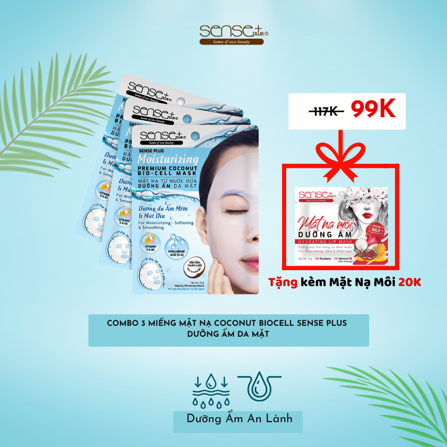 COMBO 3 MIẾNG MẶT NẠ COCONUT BIO-CELL SENSE PLUSDƯỠNG ẨM SENSE PLUS + TẶNG 1 MẶT NẠ MÔI