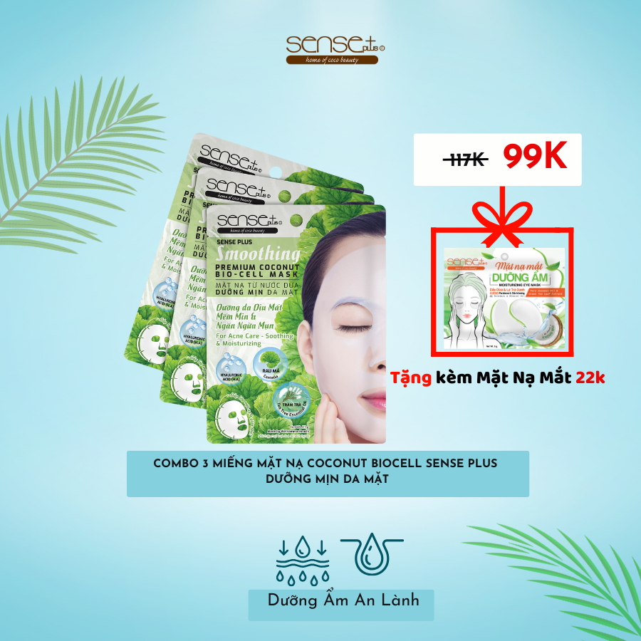 COMBO 3 MIẾNG MẶT NẠ COCONUT BIO-CELL SENSE PLUS DƯỠNG MỊN DA MẶT + TẶNG 1 MẶT NẠ DƯỠNG MẮT
