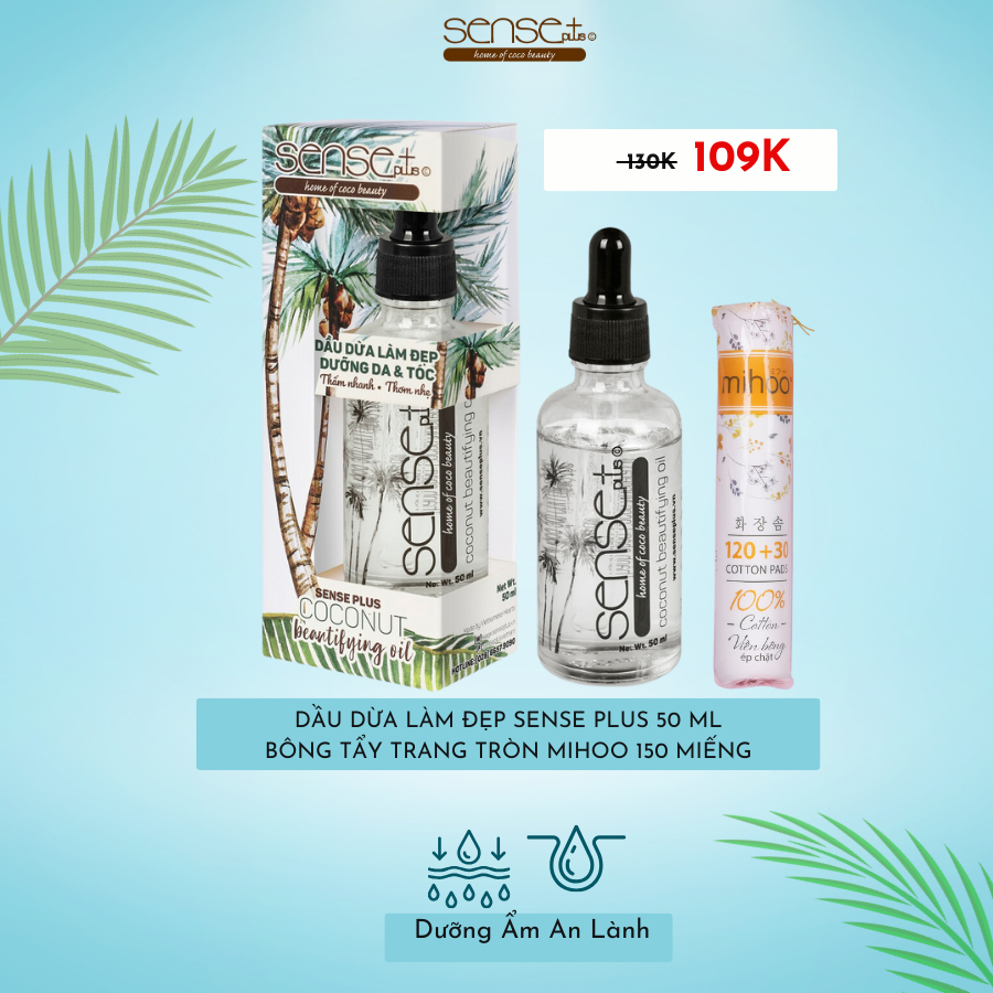 Combo Dầu Dừa Làm Đẹp Sense Plus 50ml + 150 miếng Bông Tẩy Trang Mihoo