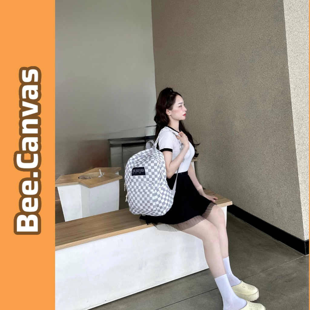 Balo Ulzzang Hàn Quốc kẻ caro cặp sách đi học đi chơi nam nữ  Unisex đựng laptop thời trang Bee Canvas