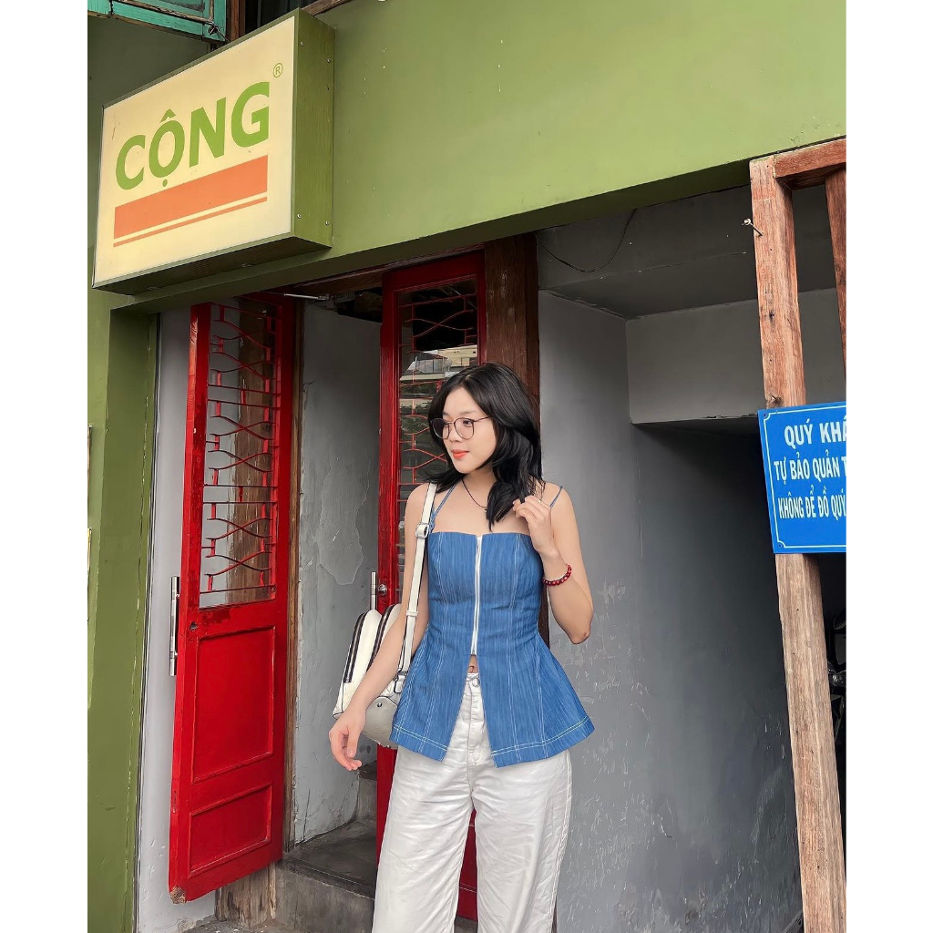 Áo 2 dây thiết kế xẻ tà có dây kéo ngực chất liệu denim Gemboutique - Doll Top