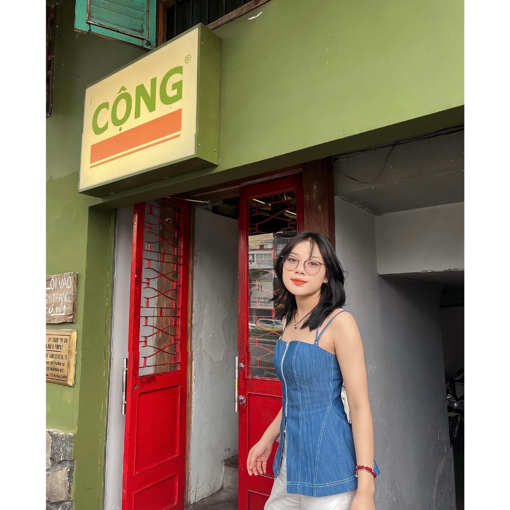 Áo 2 dây thiết kế xẻ tà có dây kéo ngực chất liệu denim Gemboutique - Doll Top