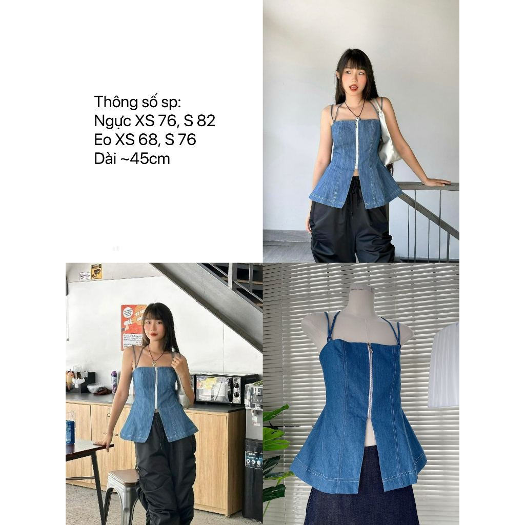 Áo 2 dây thiết kế xẻ tà có dây kéo ngực chất liệu denim Gemboutique - Doll Top