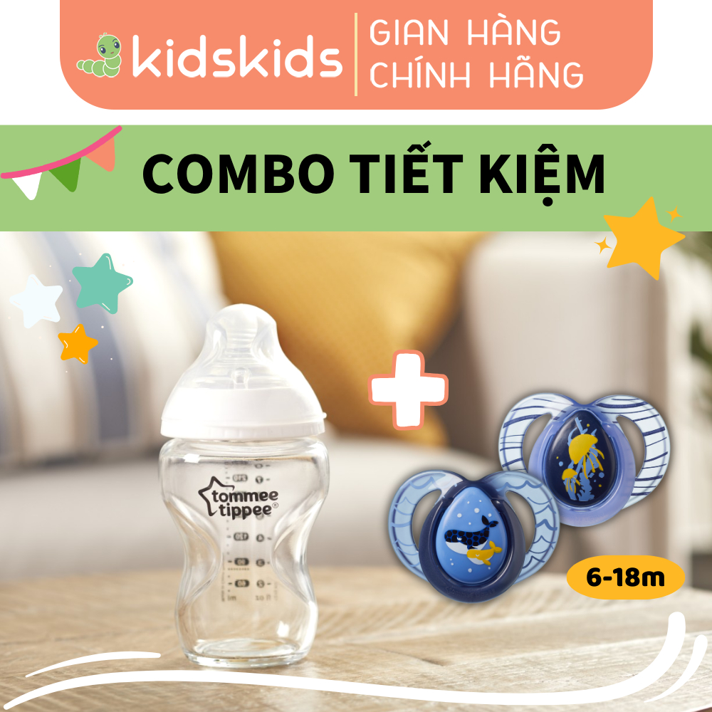 COMBO Ty ngậm dạ quang cho bé Tommee Tippee Night Time & Bình sữa thủy tinh ty siêu mềm tự nhiên Tommee Tippee 250ml