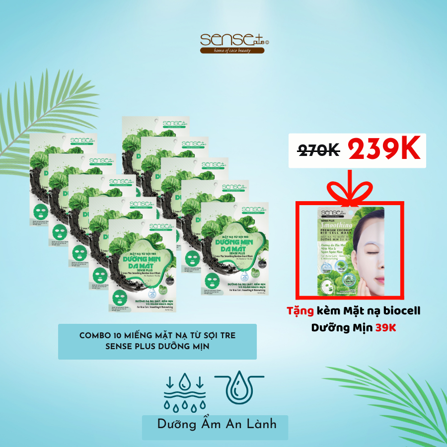 COMBO 10 MIẾNG MẶT NẠ TỪ SỢI TRE SENSE PLUS DƯỠNG MỊN + TẶNG MẶT NẠ BIOCELL DƯỠNG MỊN