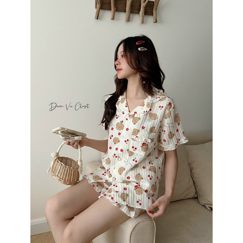 Set pijama đùi chất đũi gân, bộ ngủ nữ mặc nhà hoạ tiết cute <55kg