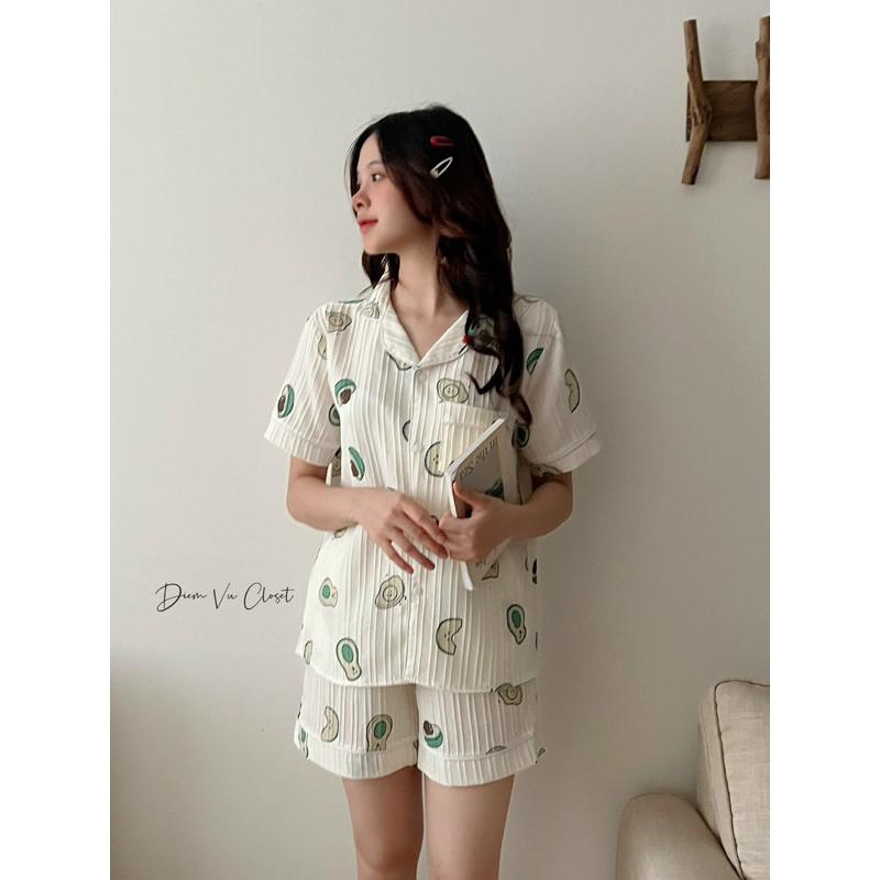 Set pijama đùi chất đũi gân, bộ ngủ nữ mặc nhà hoạ tiết cute <55kg