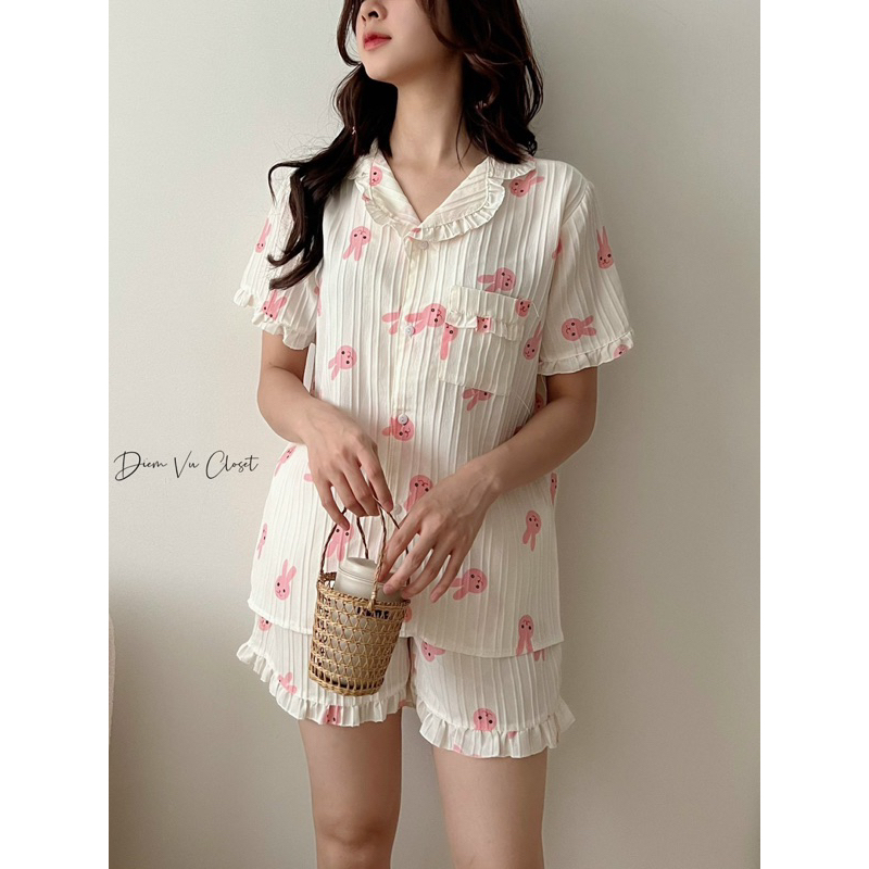 Set pijama đùi chất đũi gân, bộ ngủ nữ mặc nhà hoạ tiết cute <55kg