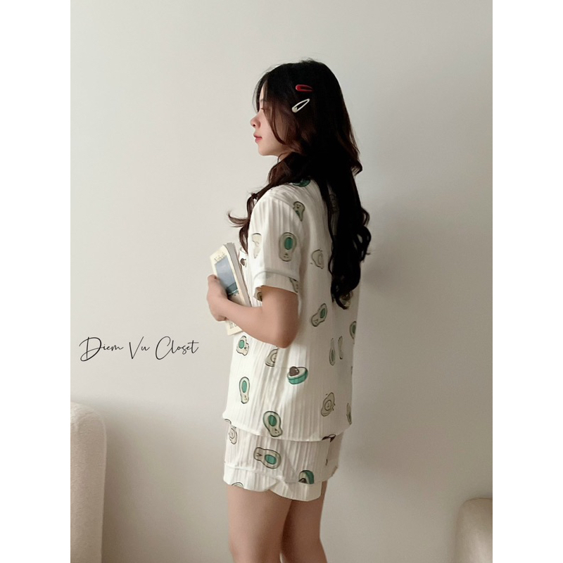 Set pijama đùi chất đũi gân, bộ ngủ nữ mặc nhà hoạ tiết cute <55kg