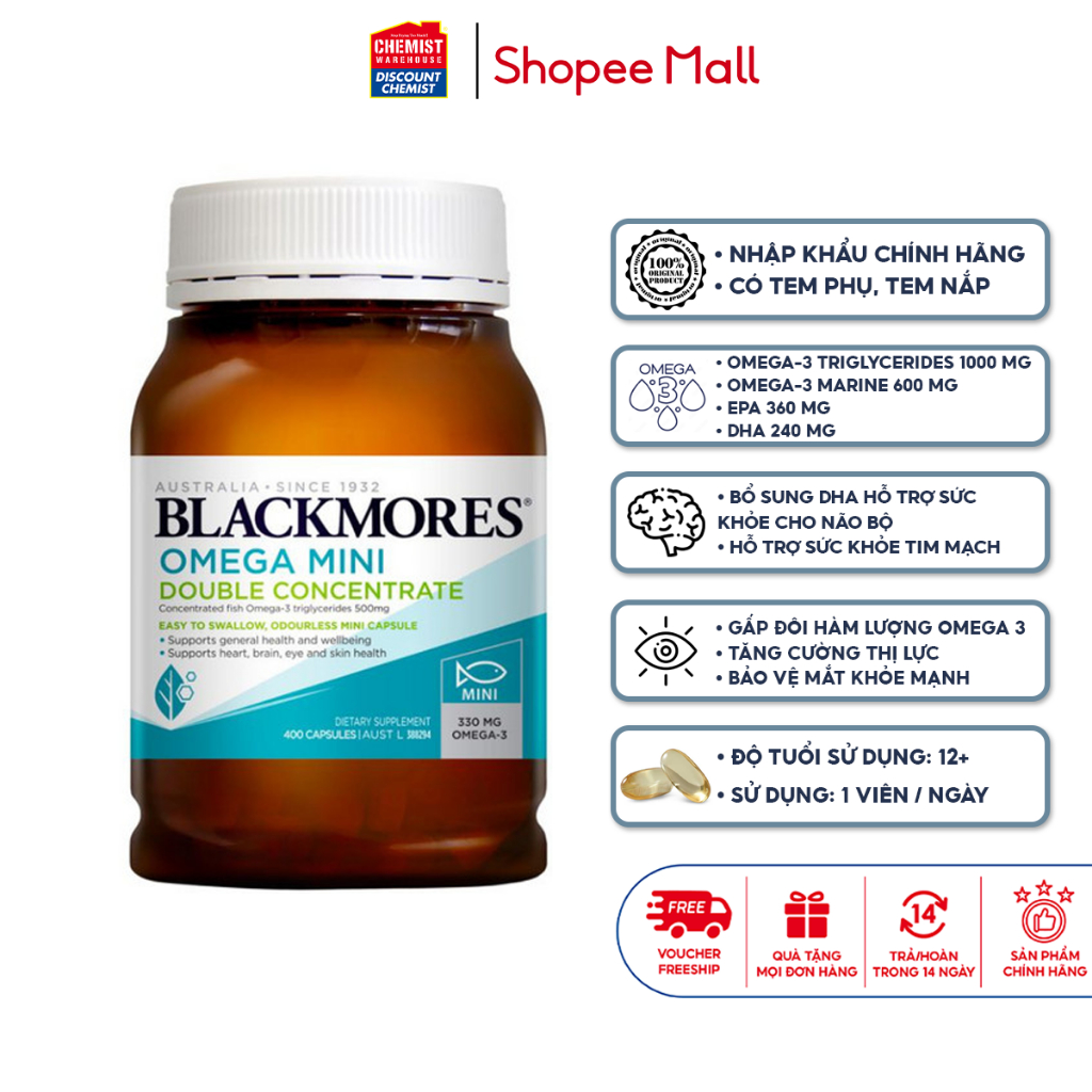 Dầu cá khử mùi tăng cường thị lực Blackmores Fish Oil Mini Caps Odourless 400 viên