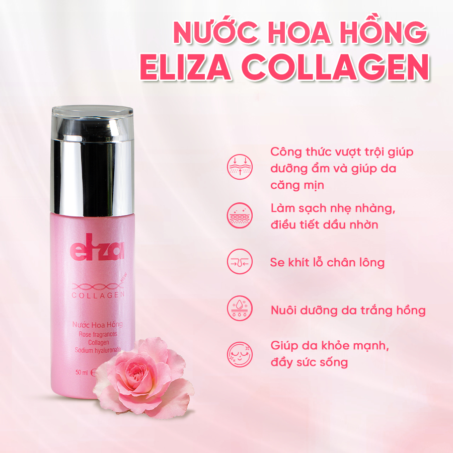 Nước hoa hồng Eliza Collagen 50ml giúp cung cấp độ ẩm, se khít lỗ chân lông và chống lão hóa