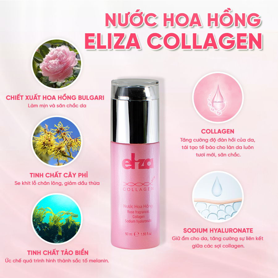 Nước hoa hồng Eliza Collagen 50ml giúp cung cấp độ ẩm, se khít lỗ chân lông và chống lão hóa