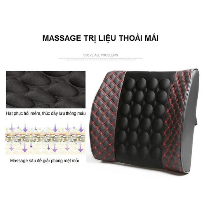 Gối tựa lưng massage trên xe ô tô, xe hơi loại bọc da cao cấp, Đệm massage lưng rung thư gian điện 12v