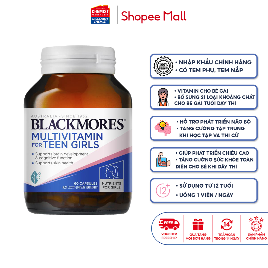 Vitamin tổng hợp cho bé gái Blackmores Multivitamin For Teen Girls giúp phát triển trí não và cơ thể khỏe mạnh 60v
