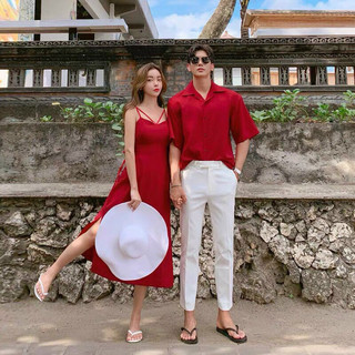 Váy sơmi đôi 2 dây + Áo somi nam đi biển đẹp mới