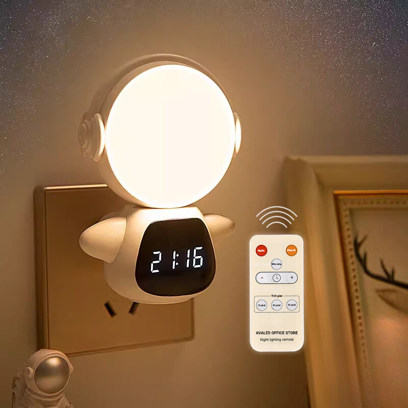 Đèn ngủ phi hành gia tích điện AVALED điều khiển từ xa bằng app điện thoại hiển thị đồng hồ điện tử, 3 màu sáng