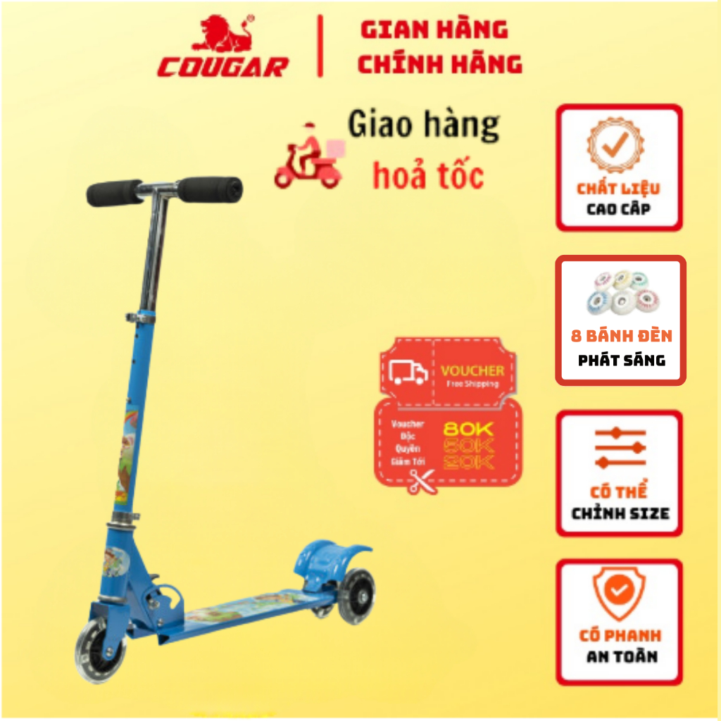 Xe Trượt Scooter Cougar 951 Chính Hãng Dành Cho Trẻ Em, Có 3 Bánh Phát Sáng, Điều Chỉnh Được Chiều Cao