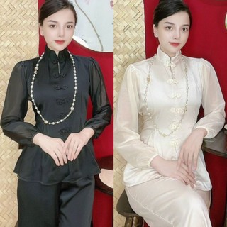 Set bộ nữ cổ tàu voan đồ lam đi chùa