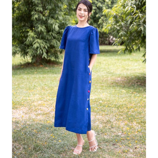 Đầm suông linen thiết kế tay phồng nút bọc nhiều màu