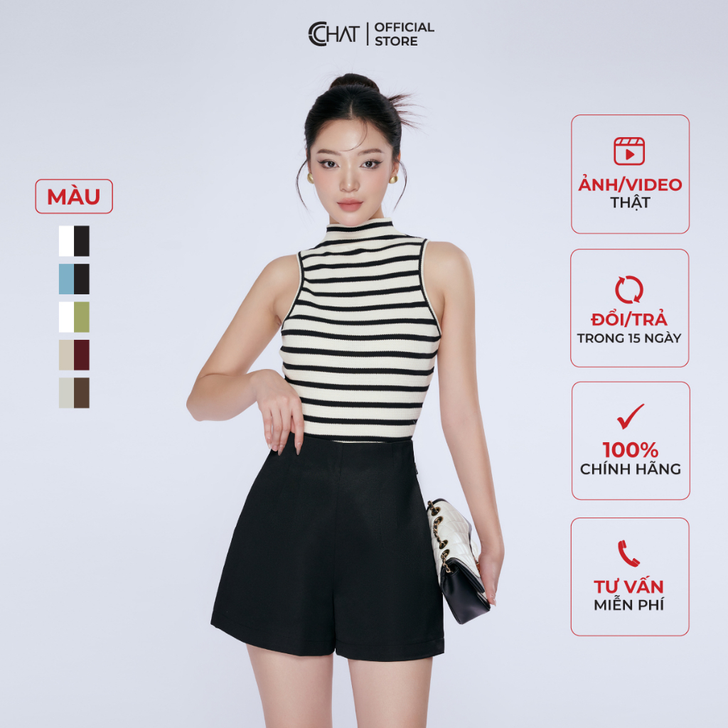 Áo Thun 𝐂𝐂𝐇𝐀𝐓 Dáng Ôm Croptop Sát Nách Cổ Leo Họa Tiết Kẻ Sọc Chất Vải Co Giãn Mềm Mịn 23TSC5001OT