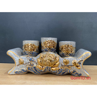Bộ kỷ ngai 3 chén men rạn đắp nổi Sen Cát Tường, vẽ vàng 24k