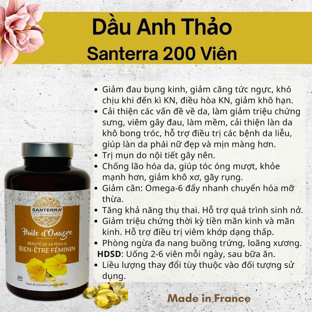 Viên Uống Dầu Hoa Anh Thảo Santerra Pháp , hộp 200 viên.