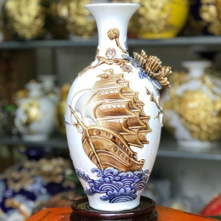 Bảo Bình Thuận Buồm Xuôi Gió Cao 30cm Bình Gốm Sứ Bát Tràng Hút Tài Lộc