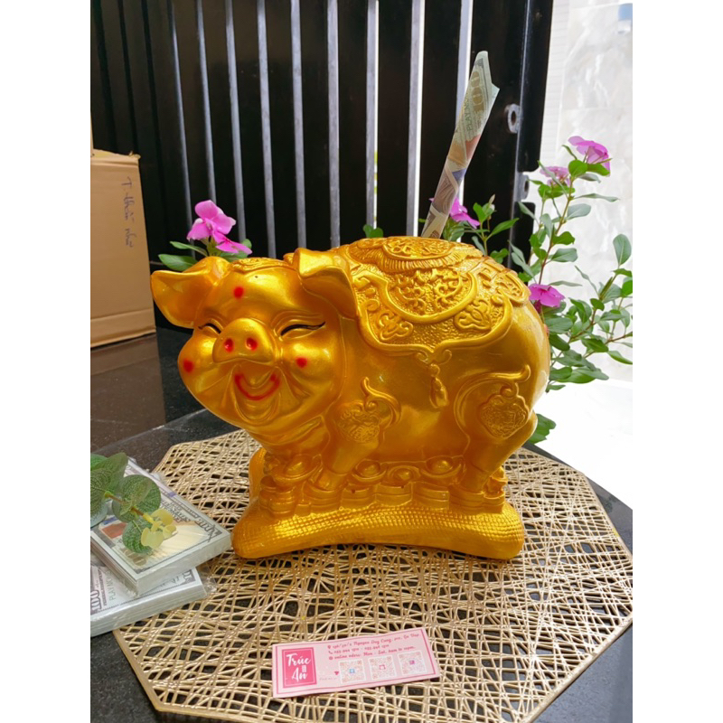 (28x18x22cm) Heo đất phong Thuỷ Phát Tài (lợn đất / ống tiết kiệm) sơn bóng mịn, hình vẽ tay sắc nét