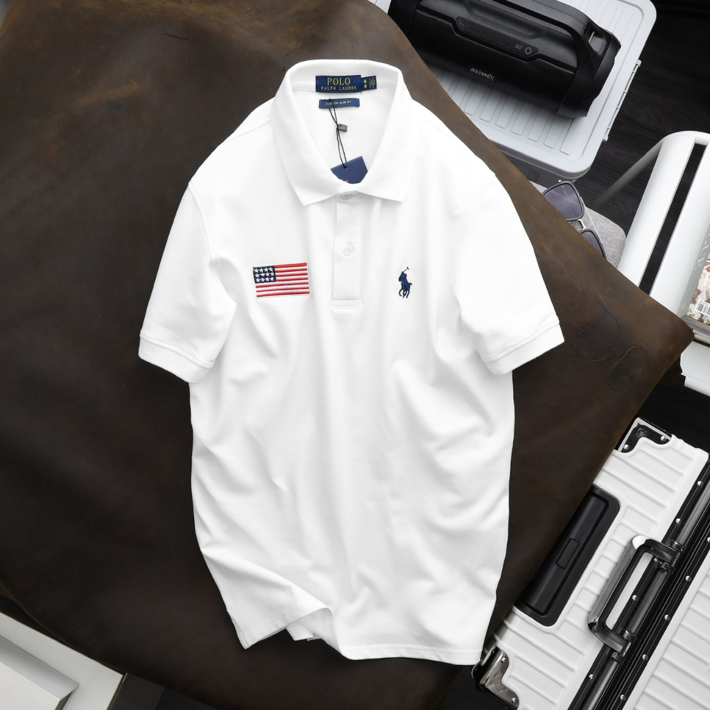 Áo Polo Ra-lph La-uren chất cá sấu ngoại nhập cotton 100% 4 chiều thêu Logo nét Lá cờ Mỹ